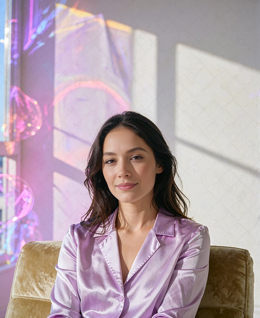 Woman in a lilac satin blouse seated in a bright penthouse living room, illustrating a sugar baby profile photo