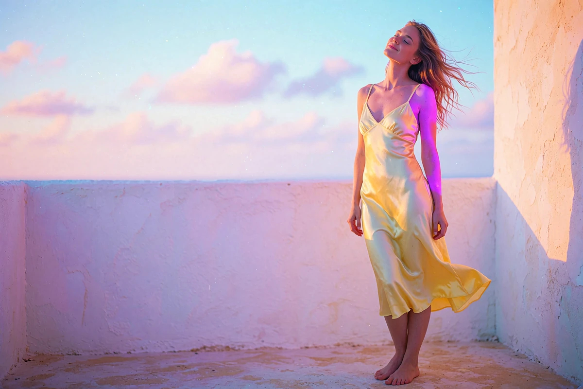 Woman in a pale yellow slip dress standing on a sunlit Orlando balcony in golden hour light