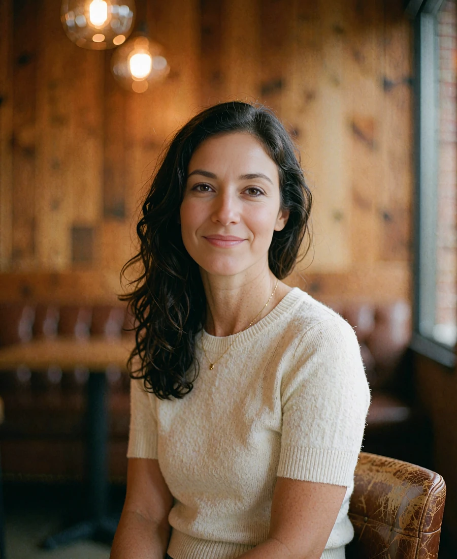 Woman in a cream knit top seated on a leather stool inside a warm upscale Nashville lounge