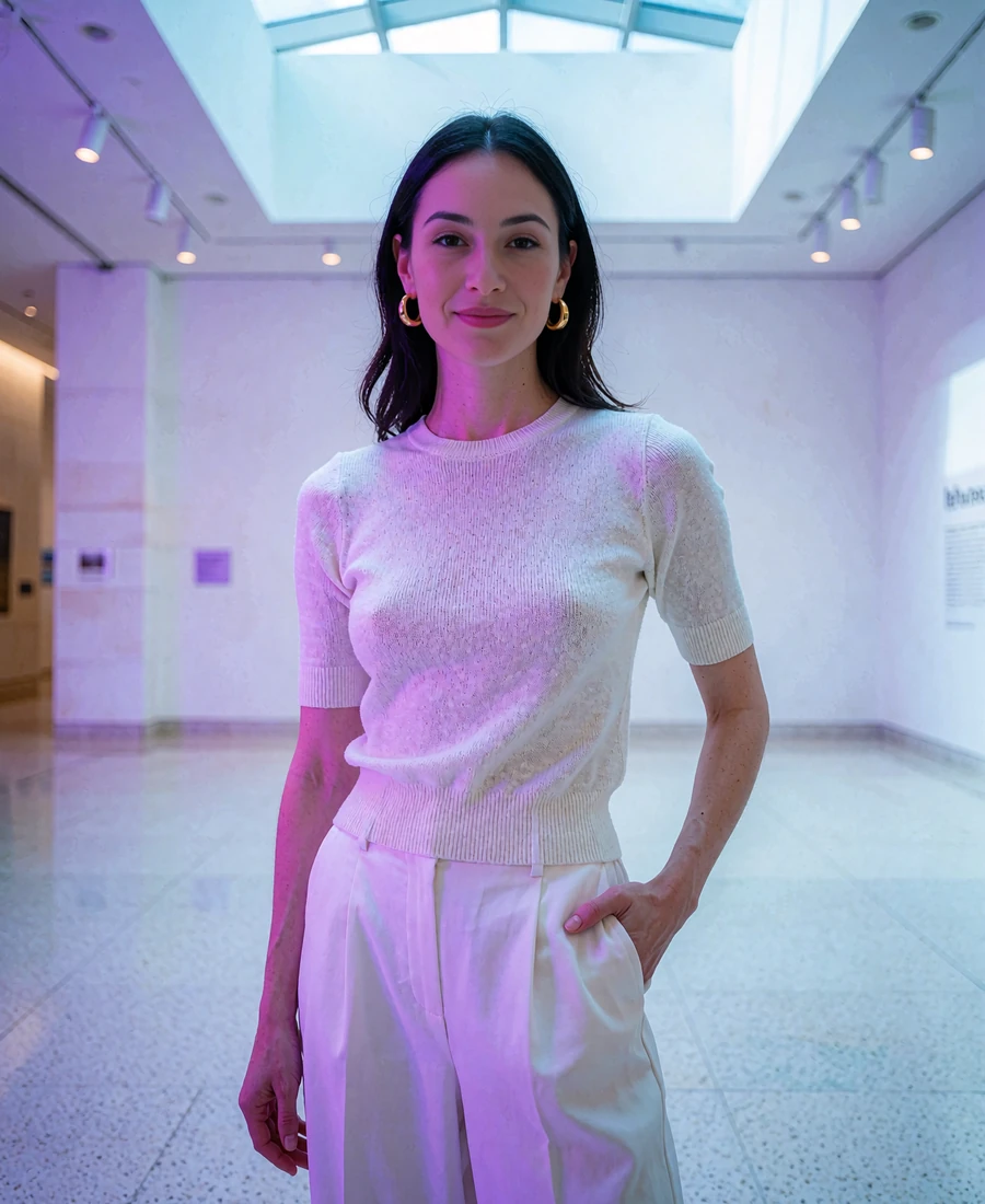 Woman in an ivory knit top standing in a bright Houston museum lobby