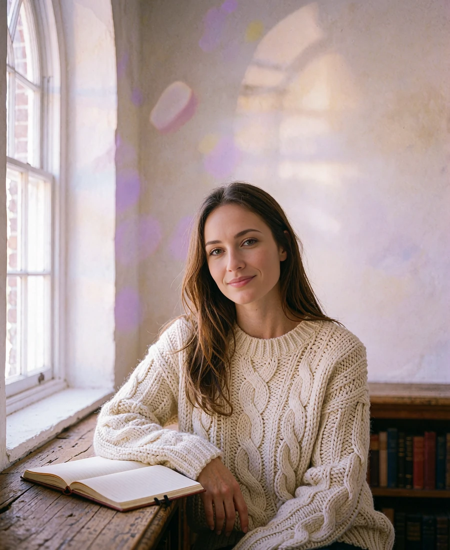 Woman with long brown hair in a cream sweater seated by a library window in Chicago
