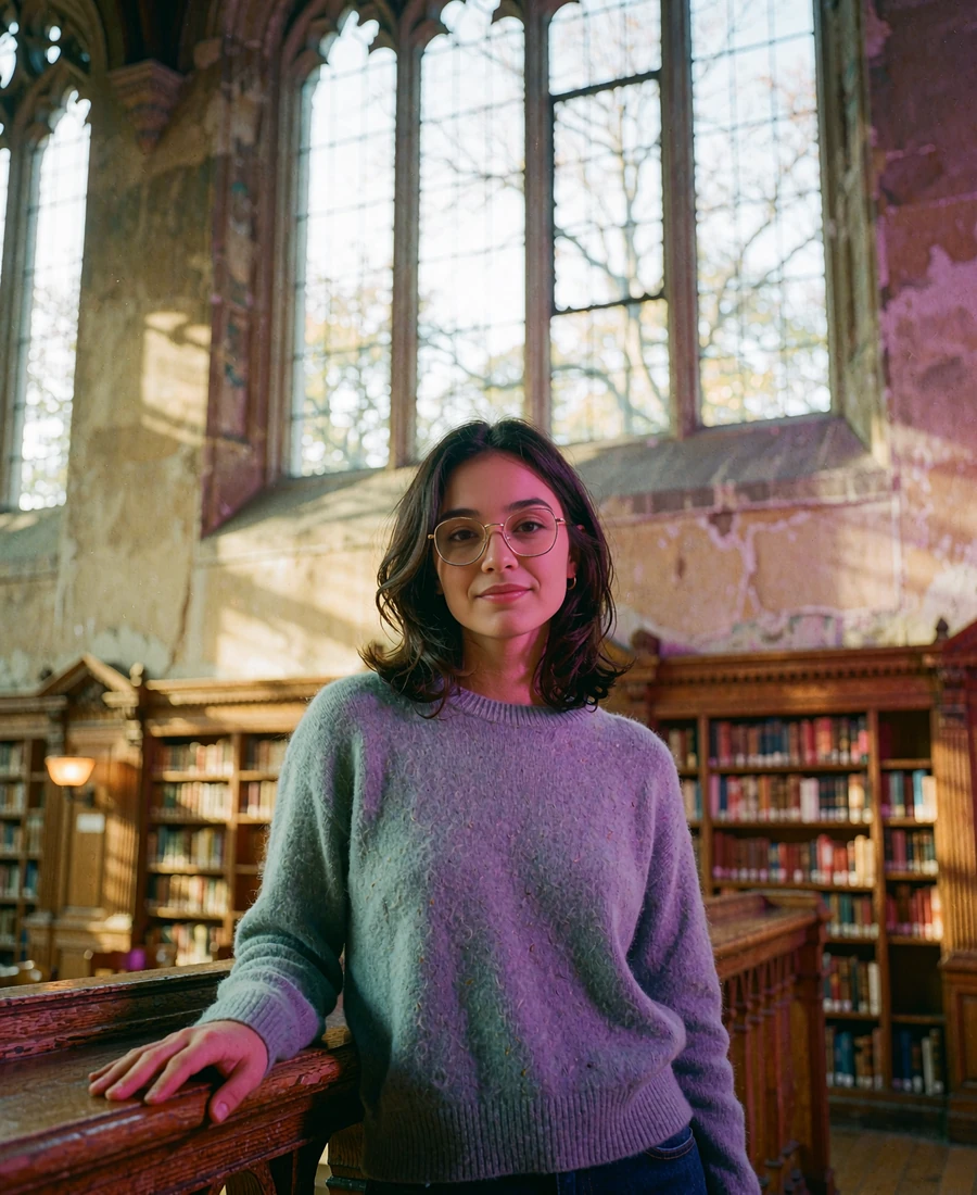Woman with gold-rimmed glasses standing in a grand reading room with tall arched windows in Boston