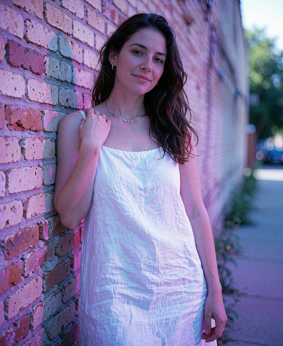 Woman in a white linen sundress standing beside a brick wall in the Pearl district of San Antonio