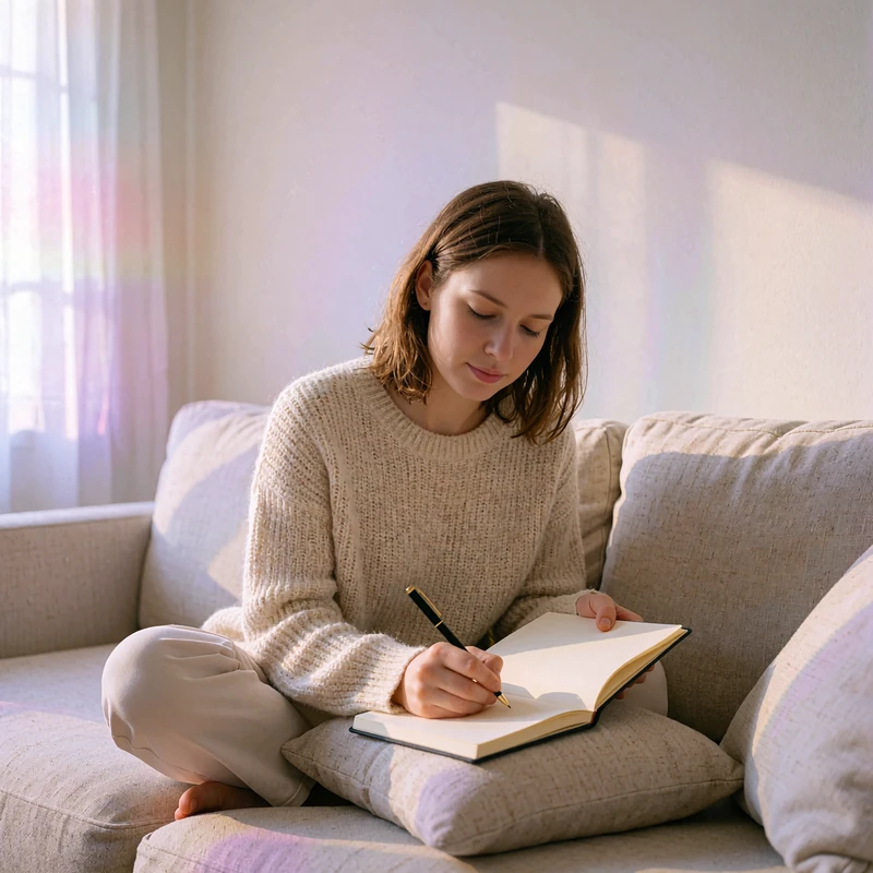 Young woman writing in a blank notebook on a sofa while planning how to save money from an allowance