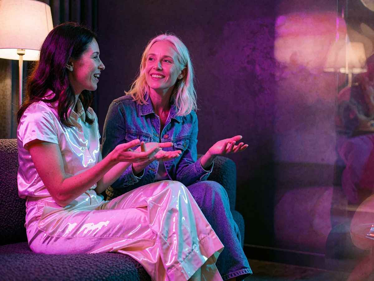 Two women in their late twenties talking candidly on a couch in a dark contemporary lounge lit with pink and violet light