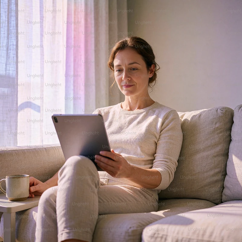 Woman on a linen sofa holding a tablet upright and looking attentively at it during a video call before a first sugar date
