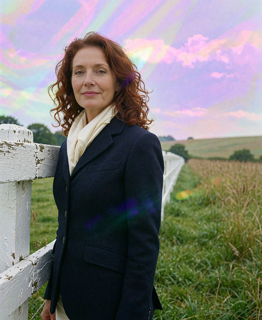 Woman in a navy riding jacket standing at a timber fence on a green country estate