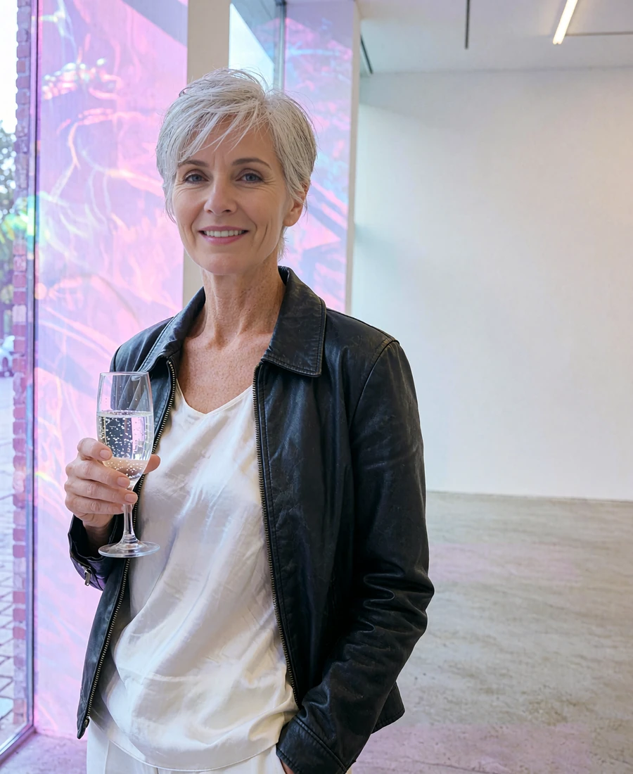 Chic woman with a grey pixie cut in a black leather jacket at a bright contemporary gallery opening