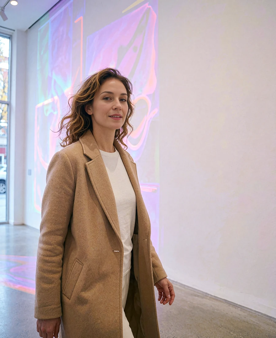 Woman in a camel wool coat walking through a bright minimalist gallery corridor