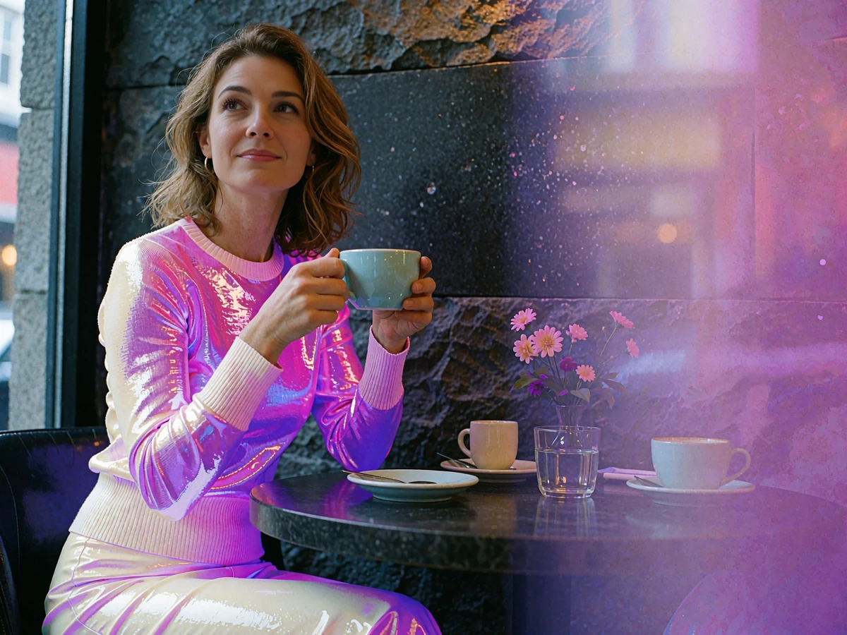 Stylish woman holding a coffee cup and smiling during an early pay-per-meet sugar dating first meeting