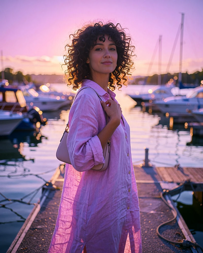 Woman in a lilac linen shirt dress standing on a lakeside marina walkway in Orlando at sunset