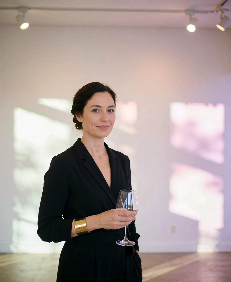 Woman in a black jumpsuit at a contemporary art gallery opening in Denver holding a stemmed glass