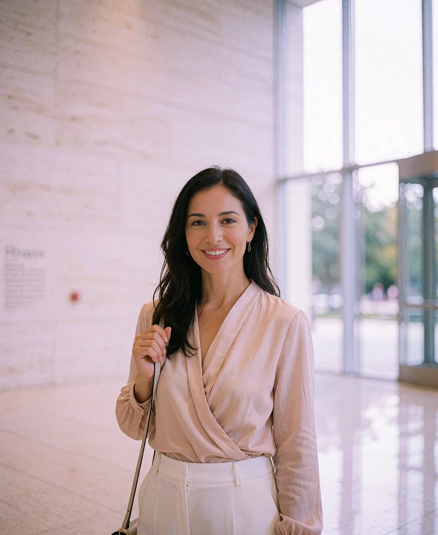 Woman in a blush wrap blouse standing in a bright modern museum foyer in the Houston Museum District