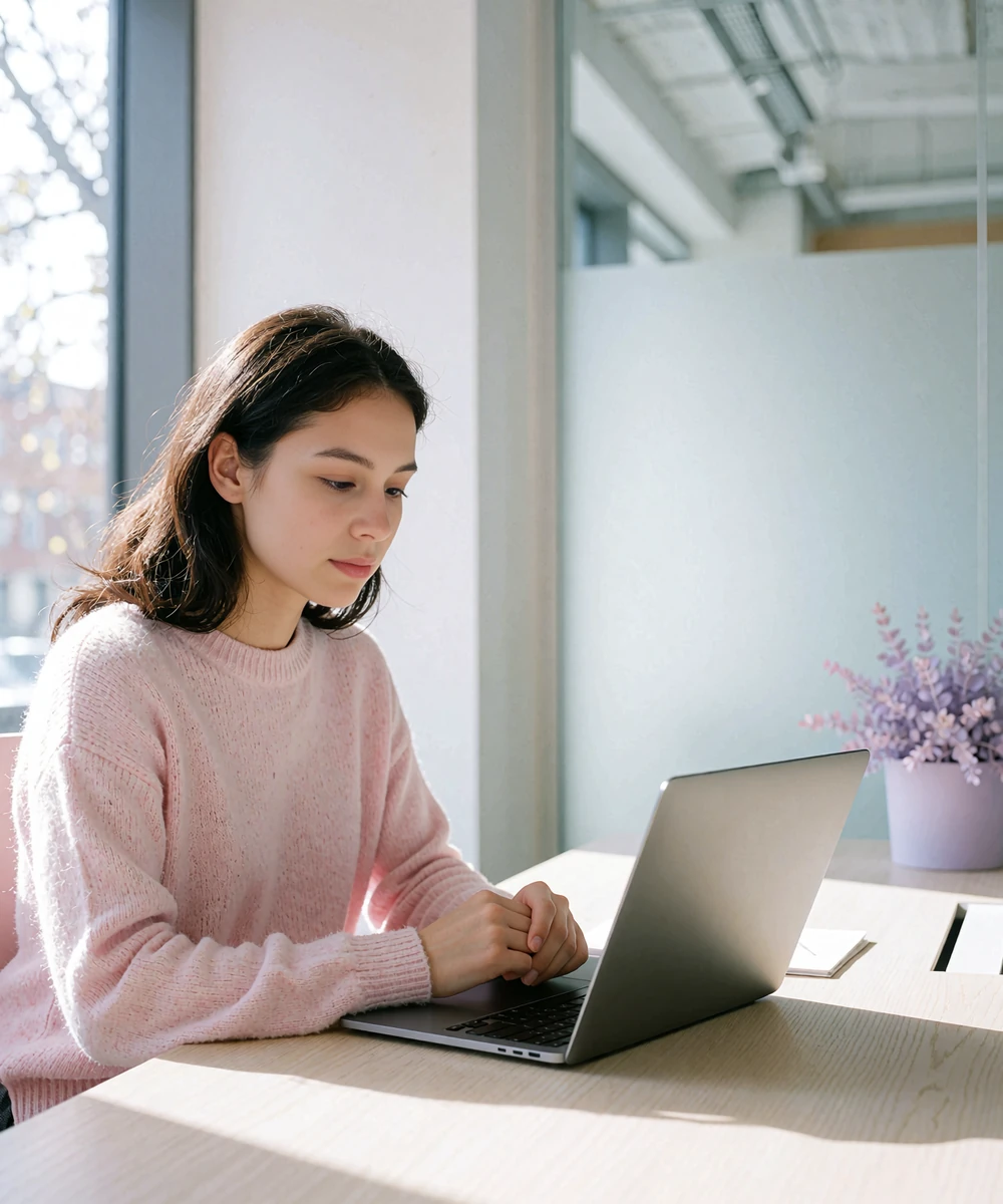 Young woman in a pink knit sweater reviewing a profile at a desk, illustrating moderation on our elite dating app