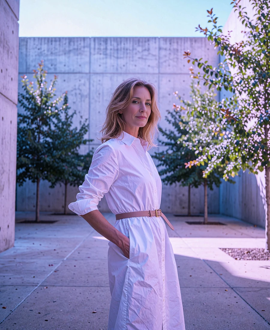 Woman in a tailored white shirt dress in the Dallas Arts District