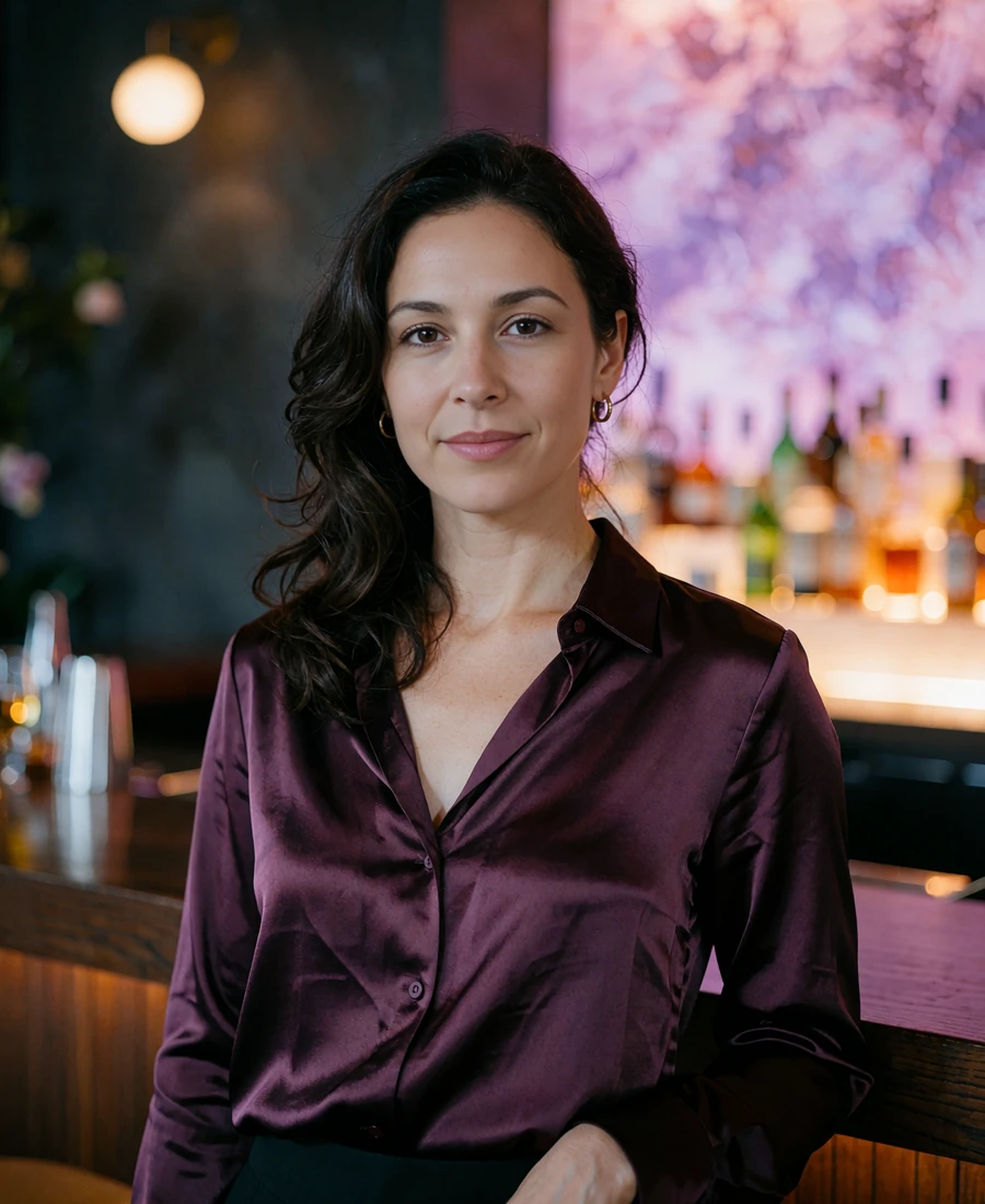Woman in a plum satin blouse in a dim upscale Columbus cocktail lounge with violet ambient lighting