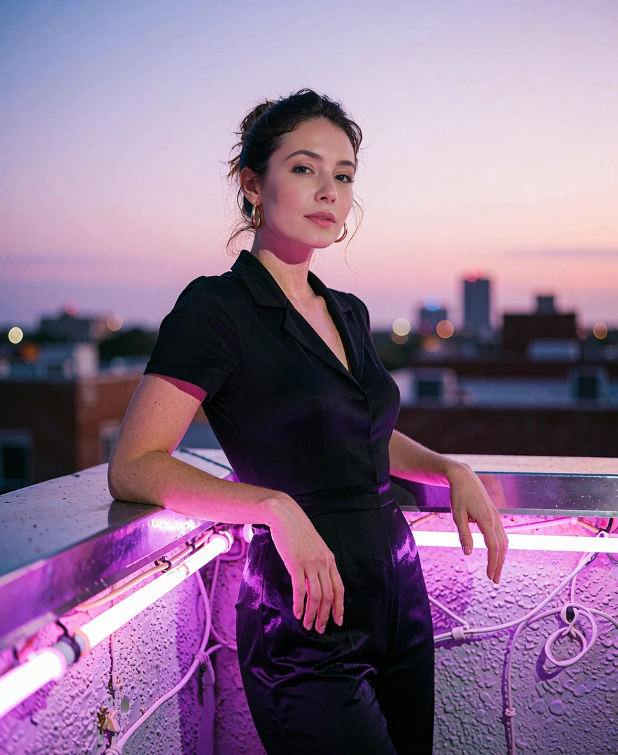 Woman in a black jumpsuit leaning on a rooftop bar railing at dusk in San Antonio