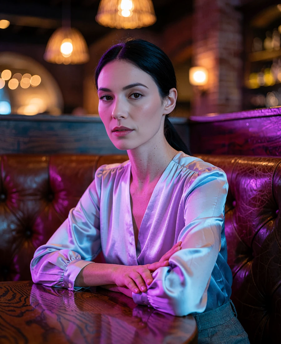 Woman in a burgundy silk blouse seated in an upscale Dallas steakhouse lounge