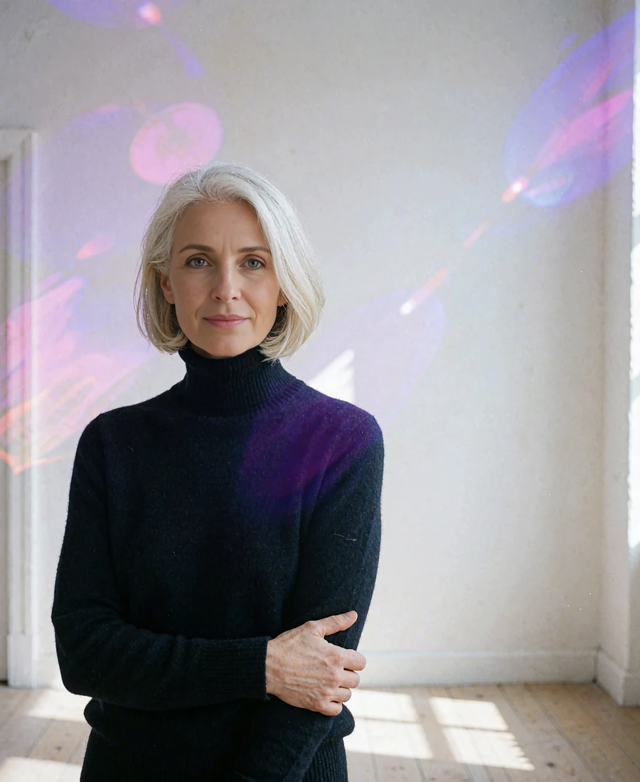 Woman with a polished silver bob in a black turtleneck standing in a bright open art loft