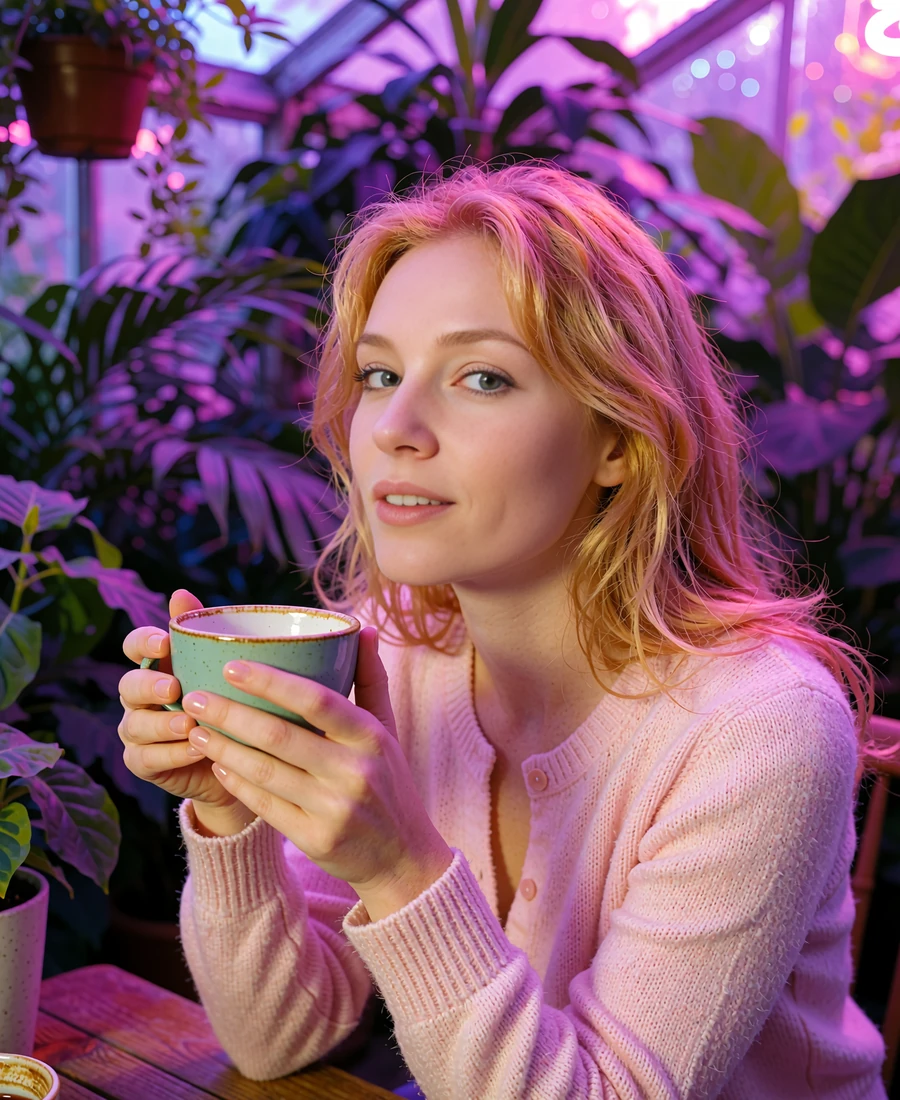 Strawberry-blonde woman seated with a ceramic cup inside a plant-filled glasshouse cafe in Portland