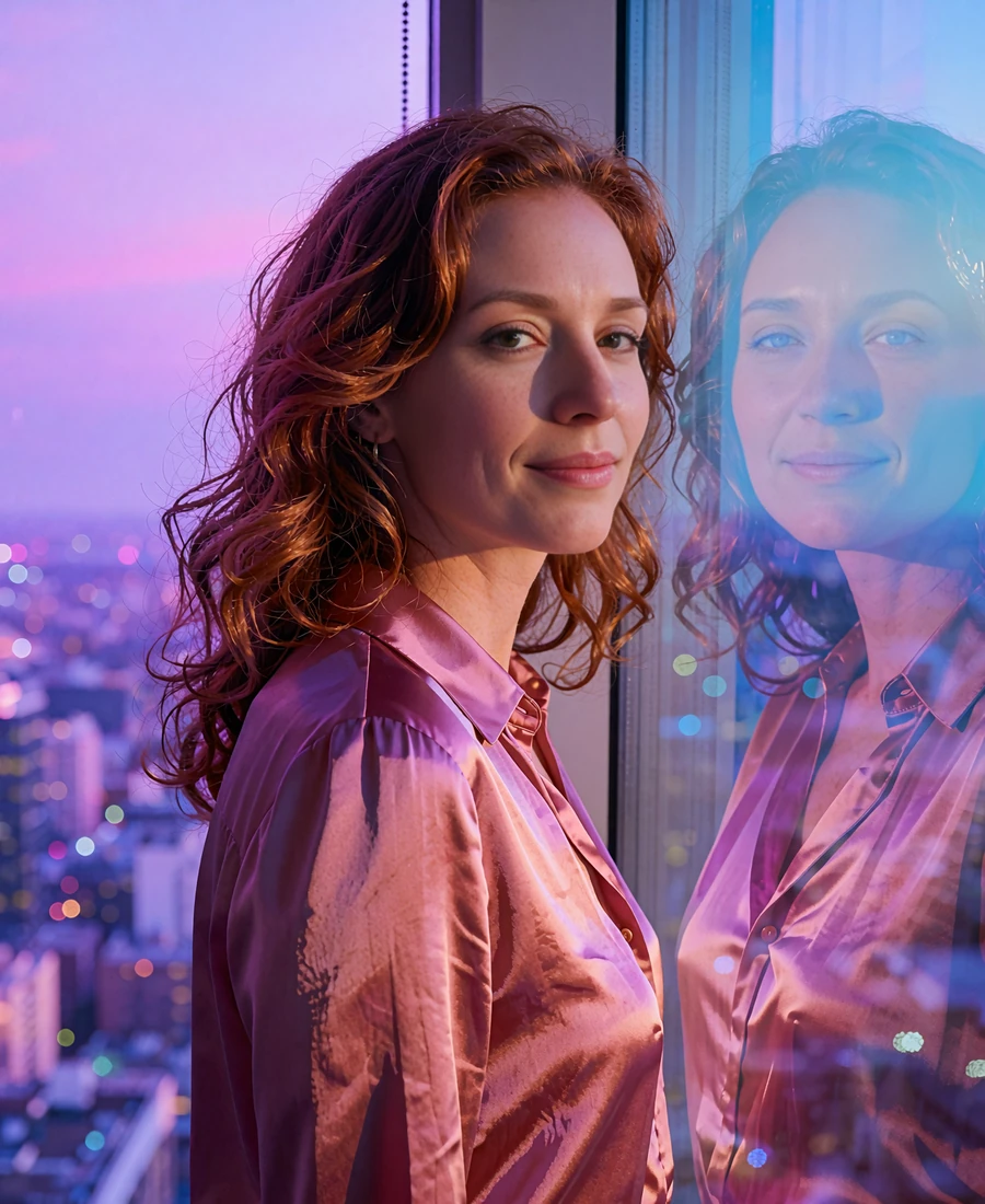 Woman with auburn waves beside a floor-to-ceiling penthouse window overlooking the Las Vegas skyline at night