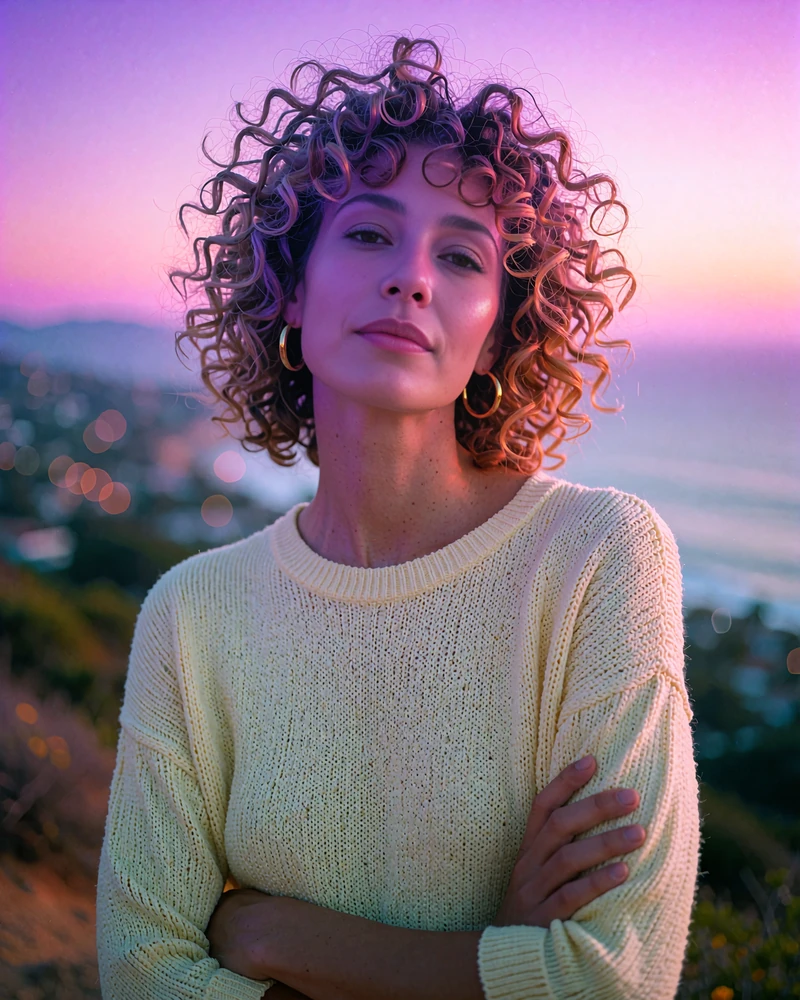 Woman with natural curls in a cream knit top at a hillside lookout above the San Diego coastline