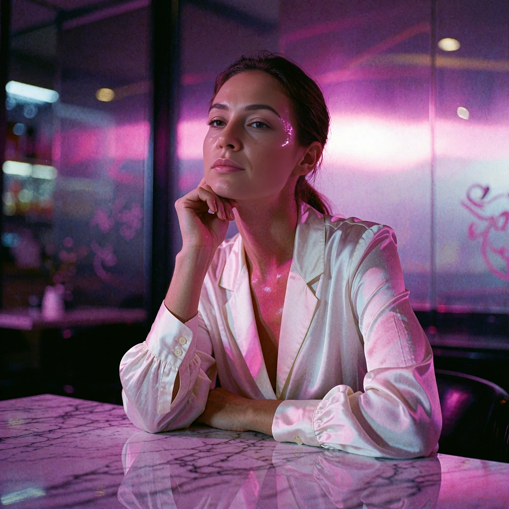 Poised woman seated alone at a marble cafe table in violet light, thinking about how to date with intention