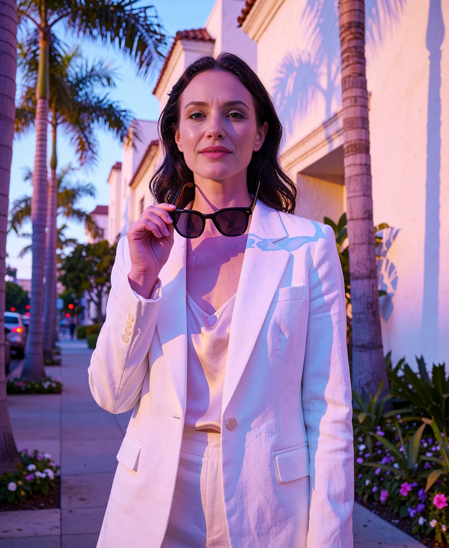Woman in a tailored white blazer on a palm-lined Beverly Hills sidewalk at golden hour