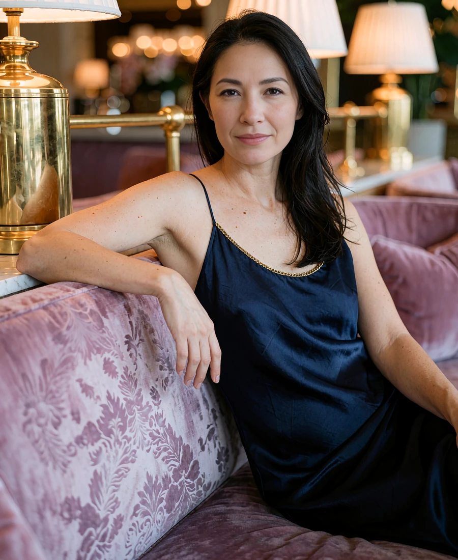 Woman in a navy satin slip dress seated on a velvet banquette in a Houston hotel lounge near the Galleria