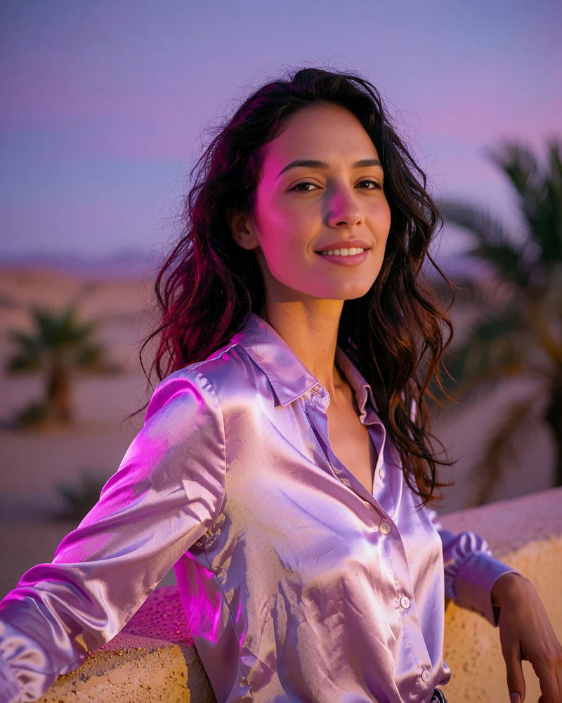 Woman in a lilac satin blouse on an open-air resort terrace in Scottsdale at dusk