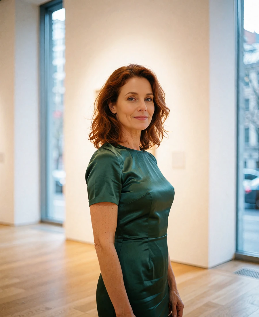 Woman in an emerald satin dress standing in a bright contemporary gallery interior