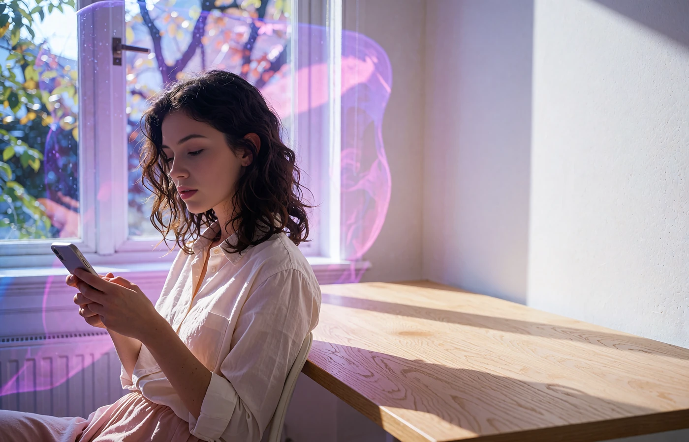 Woman reviewing photos on her phone at a sunlit wooden desk beside a large window
