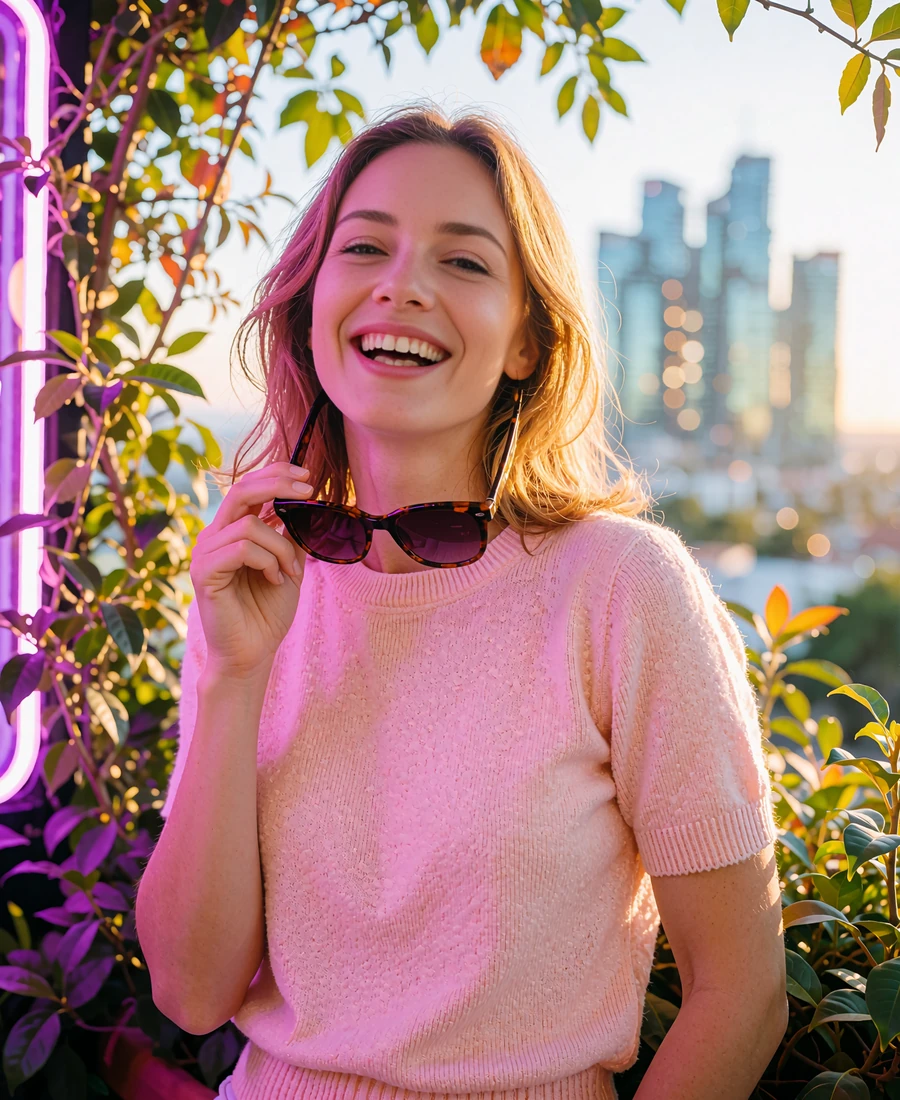 Woman in a pastel pink top laughing on a leafy restaurant terrace in Atlanta