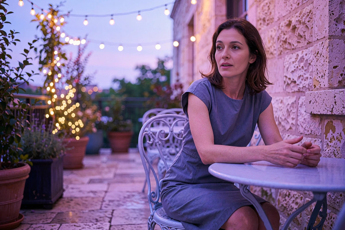 Composed woman in a slate-blue dress in conversation at an outdoor cafe table on a San Antonio terrace in early evening