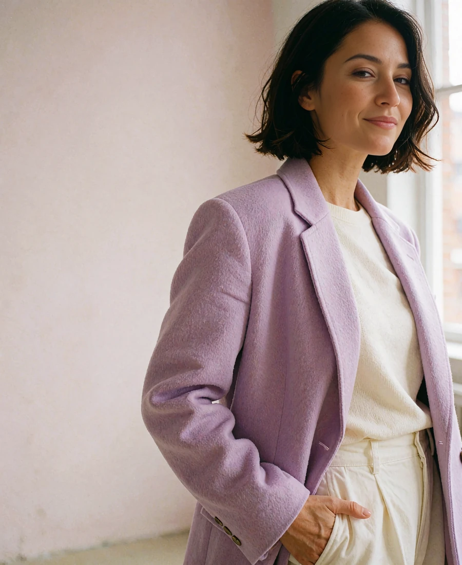 Woman with a dark bob in a lilac blazer standing in a bright Chicago loft