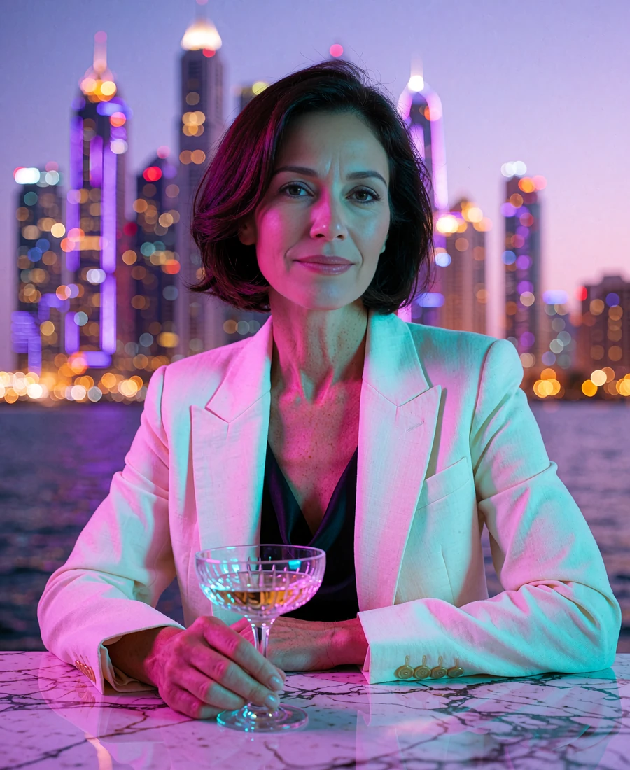 Woman in an ivory blazer at a marble table on a Brickell high-rise cocktail terrace at night