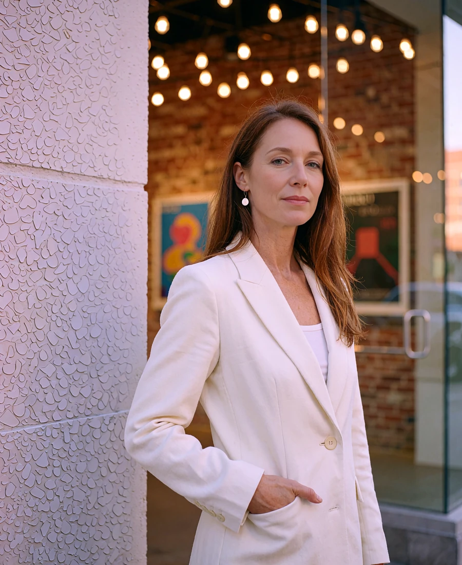 Woman in an ivory blazer outside a modern gallery entrance in a Nashville arts district