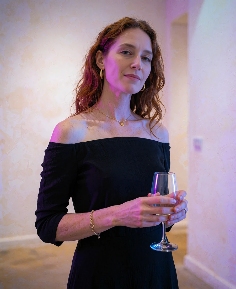 Woman in a black off-shoulder dress at a Chelsea art gallery opening