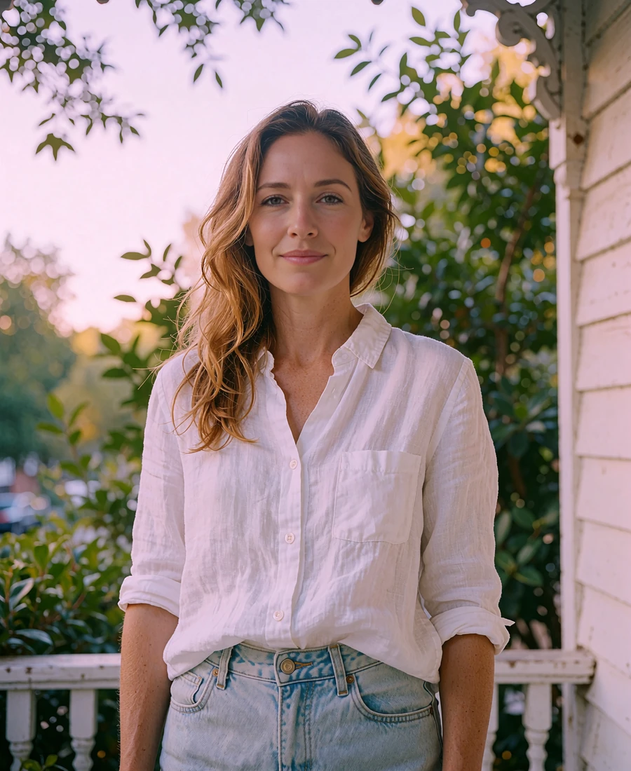 Woman in a white linen shirt standing on a shaded porch in the leafy Houston Heights neighborhood