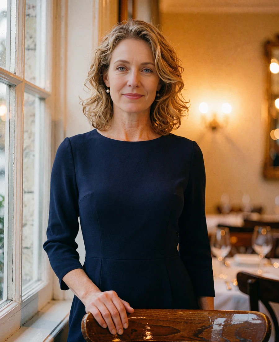 Woman with wavy dark blonde hair in a midnight-blue dress near a restaurant window at dusk