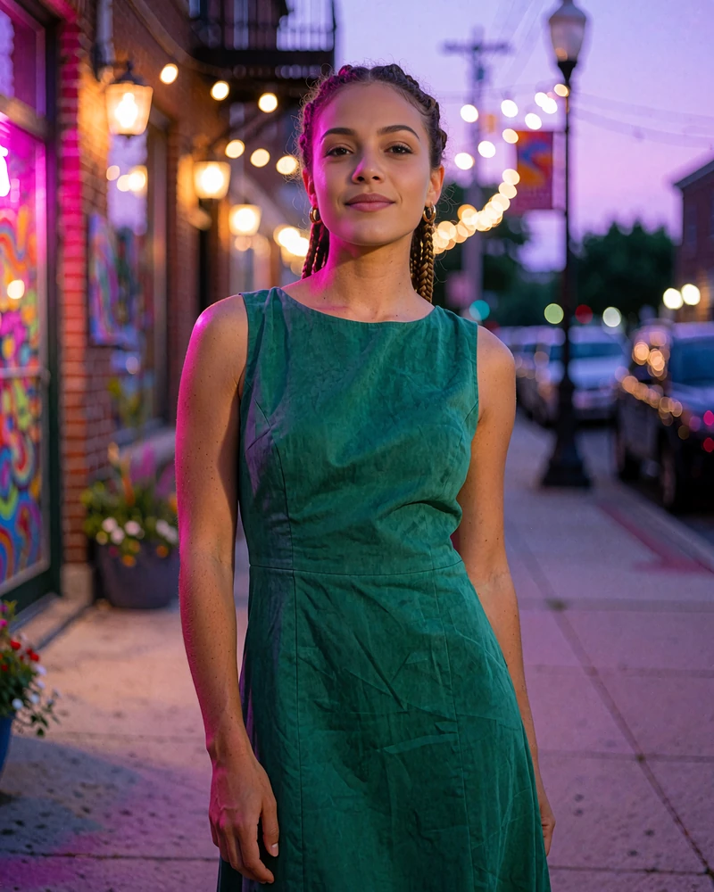 Woman in an emerald dress on a quiet Atlanta arts-district sidewalk in the evening
