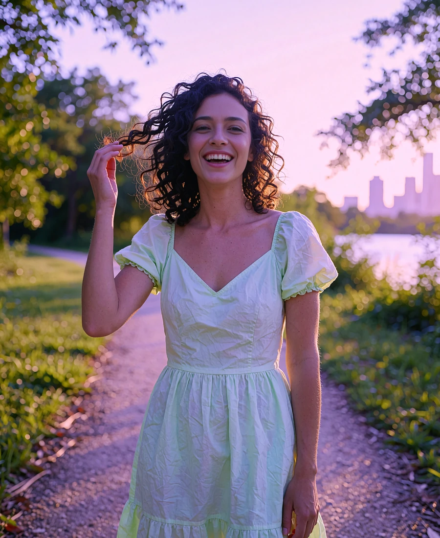 Woman in a pale green summer dress walking along a Houston bayou park path at golden hour