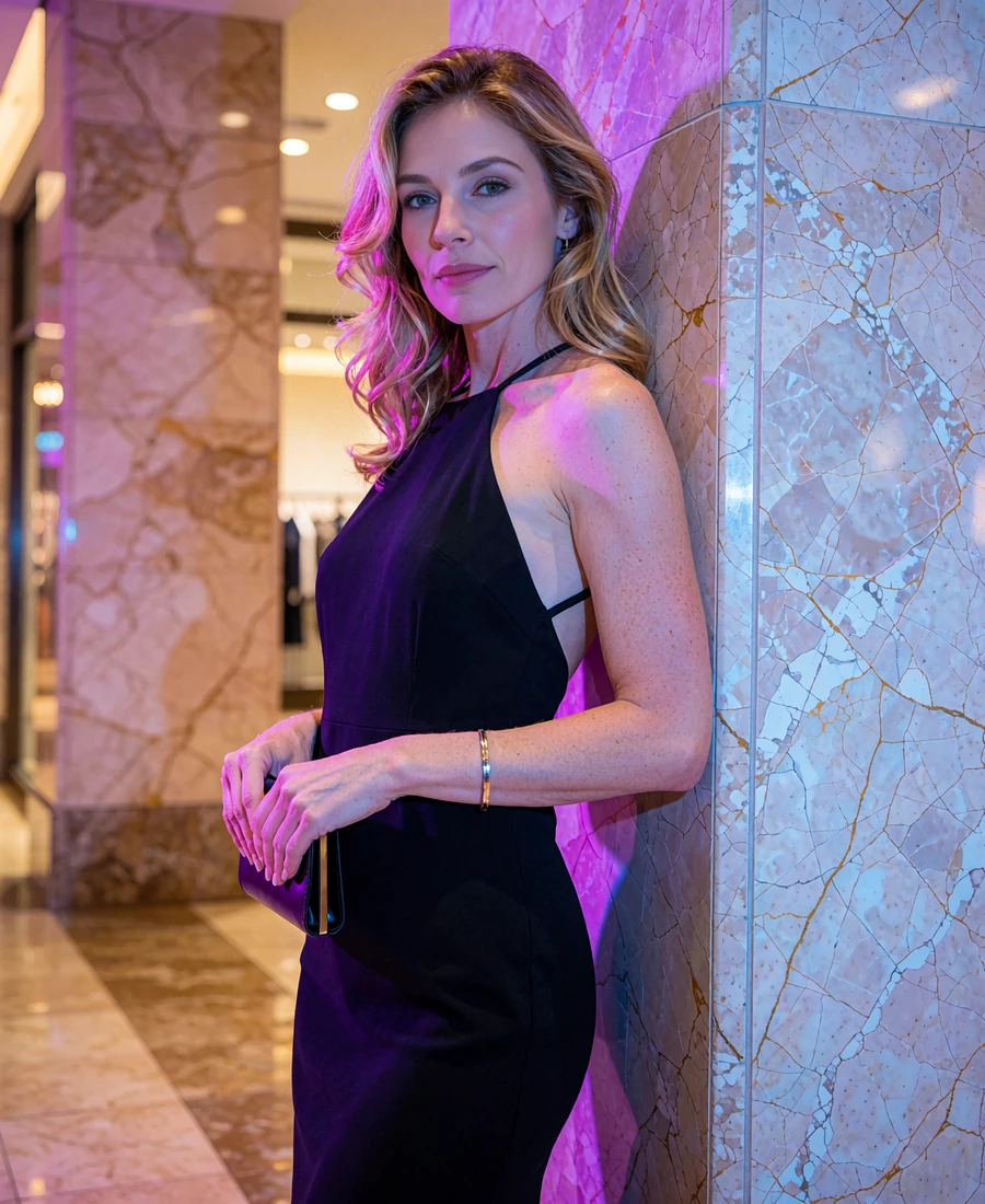 Woman in a black halter dress beside a marble column in an upscale Houston shopping gallery