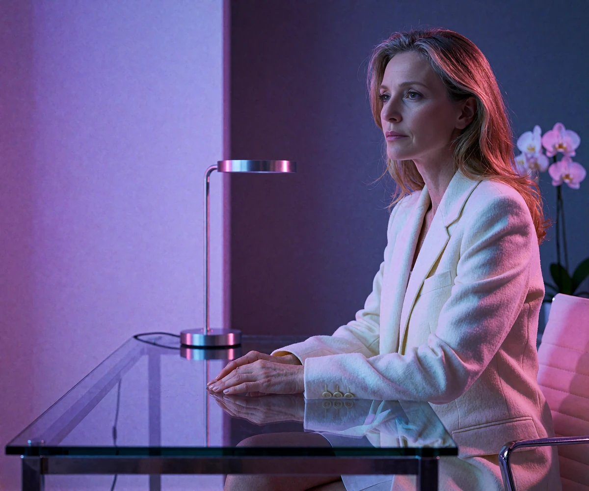Poised woman in an ivory blazer reviewing her sugar dating site profile at a glass desk in a violet-lit apartment